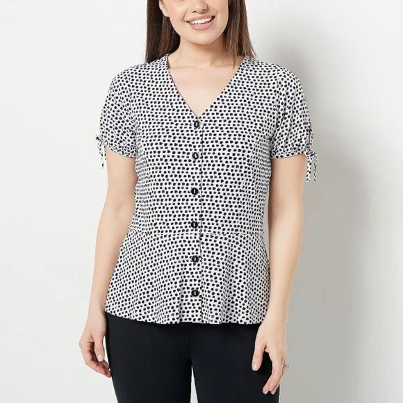 Susan Graver Printed Liquid Knit Button Peplum Top - Picture 1 of 7